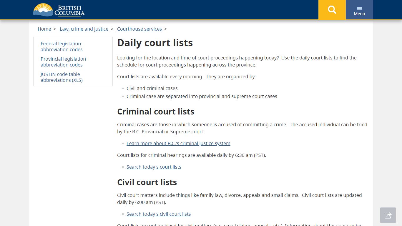 Daily court lists - Province of British Columbia